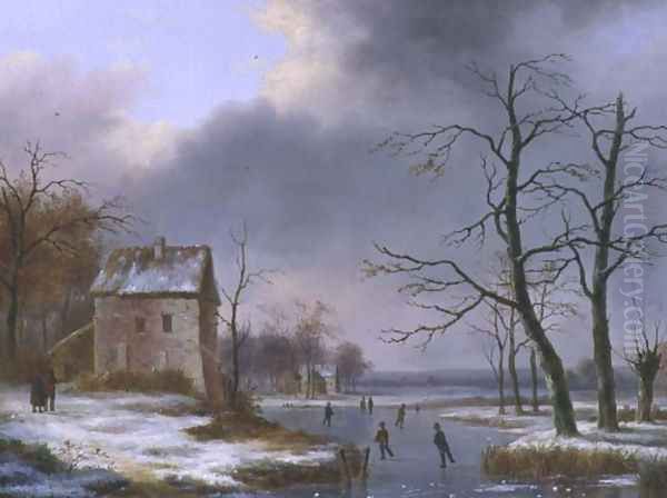 Skating on a Frozen River Oil Painting by Jean Baptiste Coene