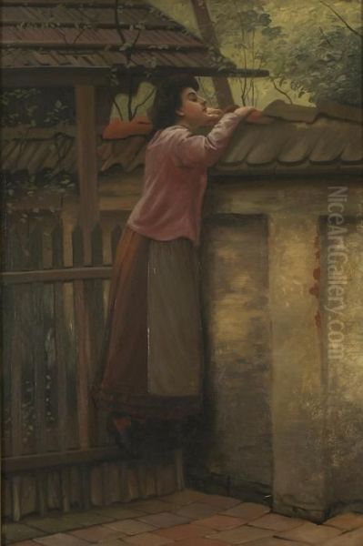 Young Woman Peering Over A Wall. Worn Signature Lower Left. Oil Painting by Ludwig Knaus