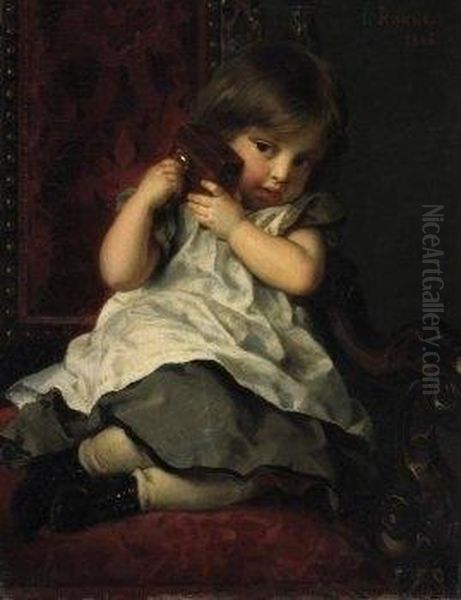 Secret Magic. Child With Music 
Box. Signed And Dated Above Right: L. Knaus 1866. Oil On Canvas. 26 X 
20cm. Framed. Oil Painting by Ludwig Knaus