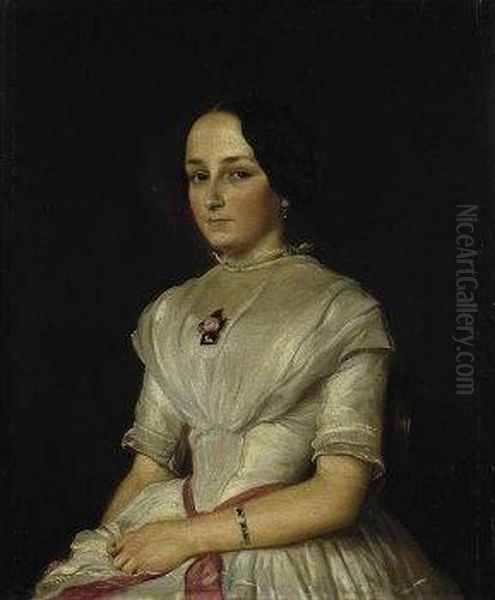 Portrait Of A Young Woman With A
 White Dress. Signed And Dated Lower Left: L. Knaus 1848. Oil On Canvas.
 Relined. 47 X 39cm. Framed. Oil Painting by Ludwig Knaus