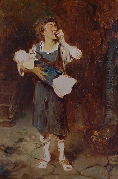 Sketch For 'the Sour Apple'. Oil Painting by Ludwig Knaus