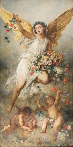 Flora With Putti - Peace Oil Painting by Ludwig Knaus