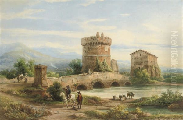 Peasants Before A Bridge In The Environs Of Rome Oil Painting by Franz Knebel