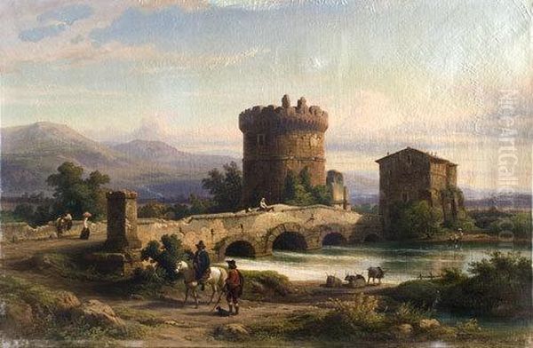 Il Ponte Lucano Con Ilsepolcro Dei Plauzi Sulla Via Di Tivoli Oil Painting by Franz Knebel