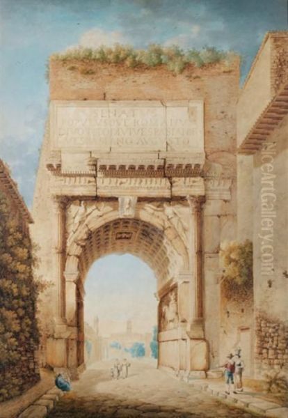 Vue De L'arc De Vespasien Et De Titus Oil Painting by Franz Knebel