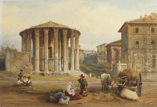 Peasants Resting At The Temple Of Vesta Oil Painting by Franz Knebel