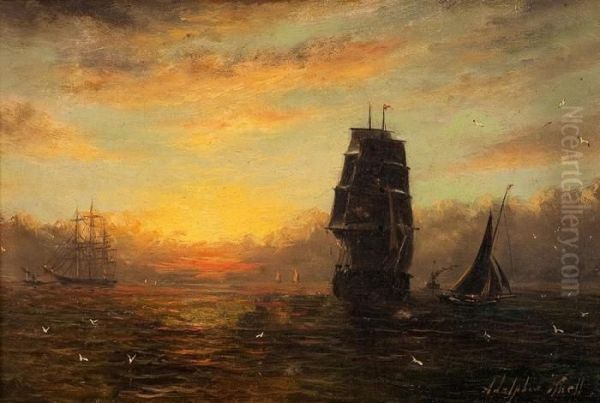 Segelschiffe Im Abendlicht Oil Painting by Adolphus Knell