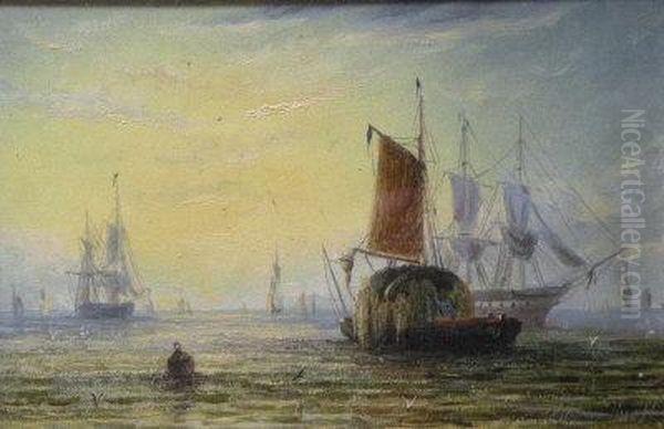 Hay Barges At Dawn Oil Painting by Adolphus Knell