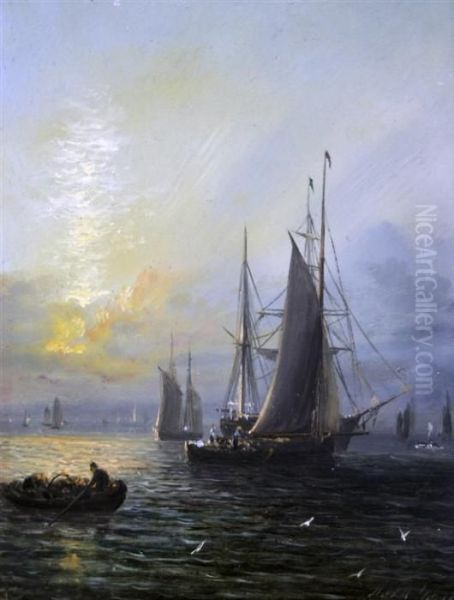 Fishing Boats At Sunset Oil Painting by Adolphus Knell