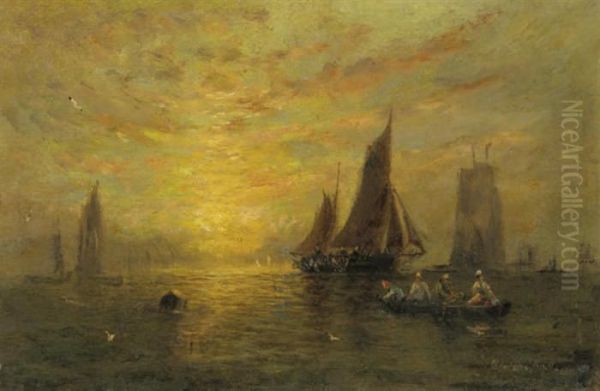 Pulling In The Nets, Sunset Oil Painting by Adolphus Knell