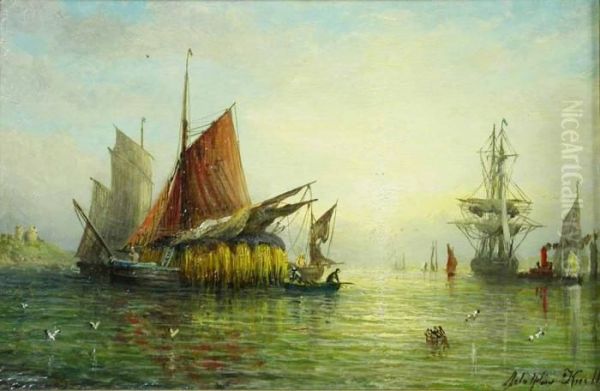 Estuary Scene With Shipping Oil Painting by Adolphus Knell