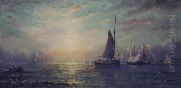 Sunrise, Letting Out The Nets; Sunset, Fishing Vessels Moored Up Oil Painting by Adolphus Knell