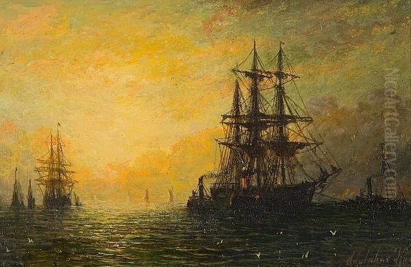 Sailing Vessels At Sunset Oil Painting by Adolphus Knell