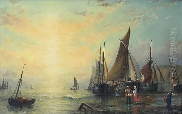 Fisherfolk On The Shore Oil Painting by Adolphus Knell