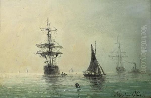 The Anchorage At Dawn (illustrated); And Towing Out At Dusk Oil Painting by Adolphus Knell