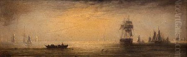 A Moonlit Seascape Oil Painting by Adolphus Knell