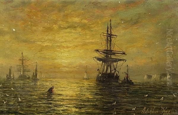 Merchantmen At Sunset Oil Painting by Adolphus Knell