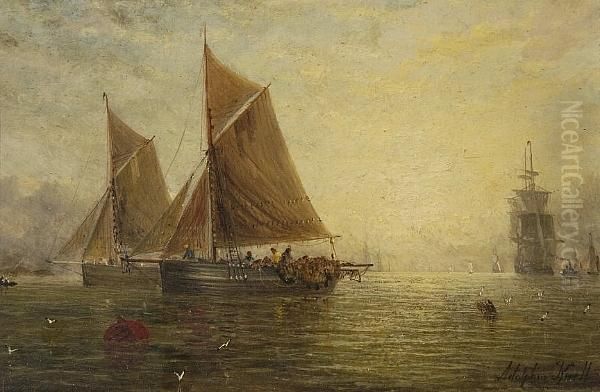 Fishing Boats At Sunrise Oil Painting by Adolphus Knell