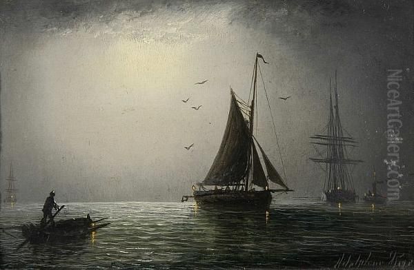 Sailing Ship At Moonlight Oil Painting by Adolphus Knell