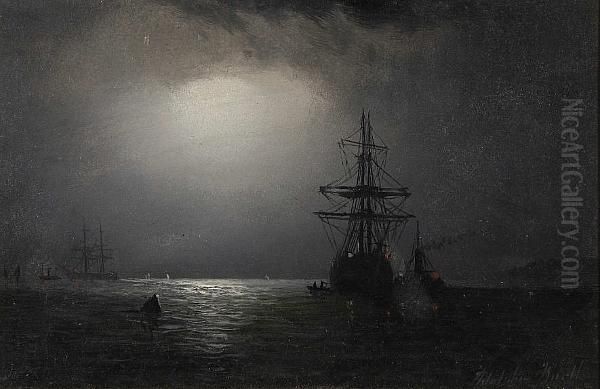 Shipping By Moonlight Oil Painting by Adolphus Knell