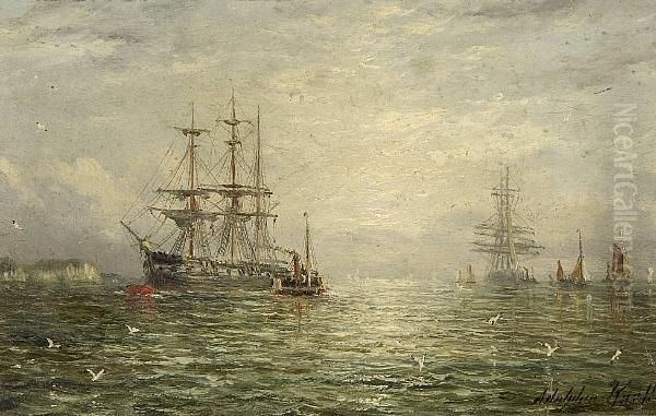 Shipping At Sunrise Oil Painting by Adolphus Knell