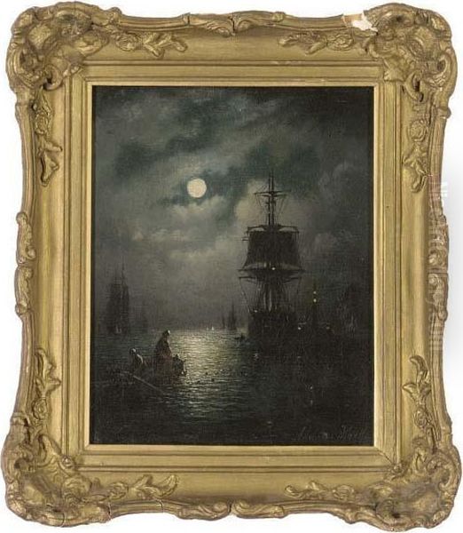 Bringing In The Nets In A Moonlit Harbour Oil Painting by Adolphus Knell