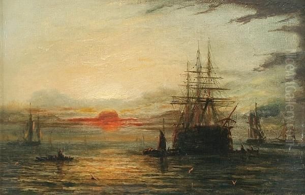 Shipping Moored In Harbour, Evening Oil Painting by Adolphus Knell