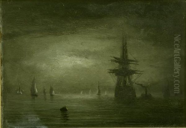 Shipping On A Calm Sea At Night Oil Painting by Adolphus Knell