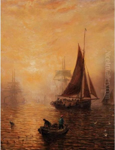 Shipping Fleet At Dusk Oil Painting by Adolphus Knell