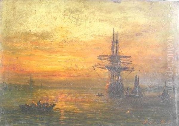 A Sunset Scene With Sailing Ship And Other Vessels In Harbour Oil Painting by Adolphus Knell