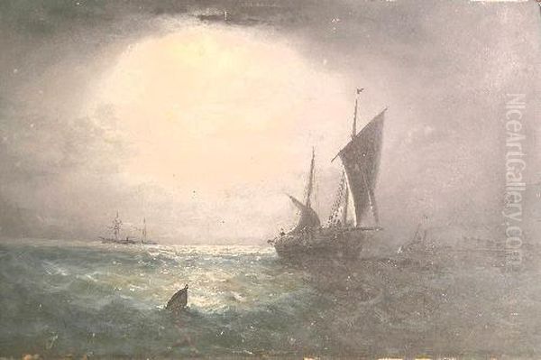 A Fishing Boat And Other Vessels Offshore Oil Painting by Adolphus Knell