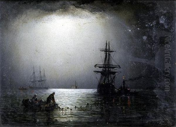 Hauling In The Nets, By Moonlight Oil Painting by Adolphus Knell