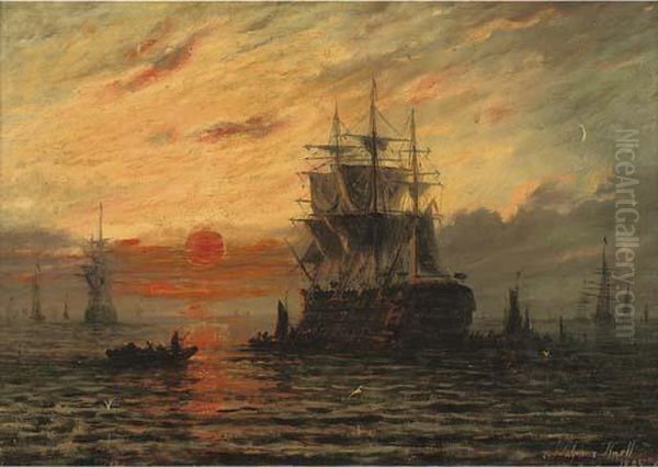 The Flagship At Dusk Oil Painting by Adolphus Knell