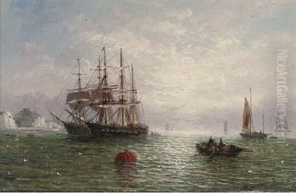 Anchored In Calm Waters Off The Coast Oil Painting by Adolphus Knell