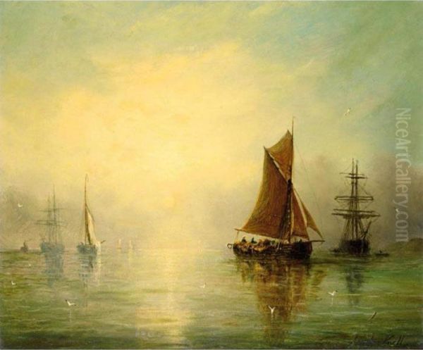 Fishing Boats In A Calm Oil Painting by Adolphus Knell