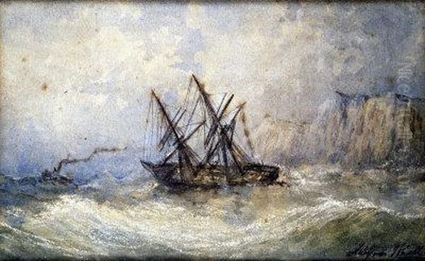 Steam And Sail, In Choppy Seas Off The White Cliffs Oil Painting by Adolphus Knell