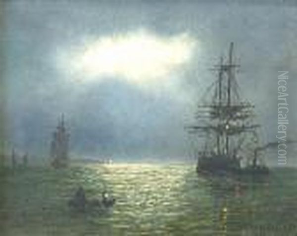 Shipping By Moonlight Oil Painting by Adolphus Knell