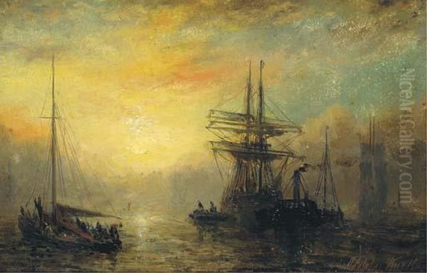 Towing Out At Dusk; And The Anchorage At Dawn Oil Painting by Adolphus Knell