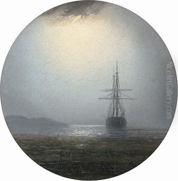 Shipping By Moonlight; Shipping At Sunset Oil Painting by Adolphus Knell