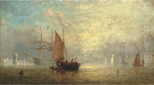 Fishermen Unloading At Dusk, With A Frigate At Anchor Beyond Oil Painting by Adolphus Knell