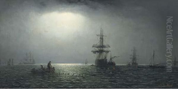 Shipping In Coastal Waters By Moonlight Oil Painting by Adolphus Knell