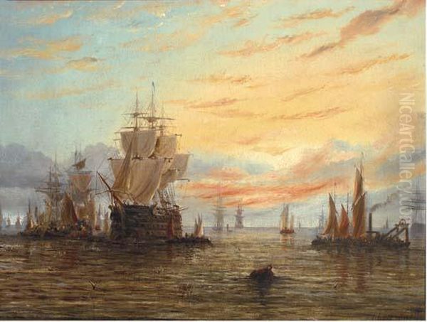 A Three-decker In A Busy Anchorage At Dusk Oil Painting by Adolphus Knell