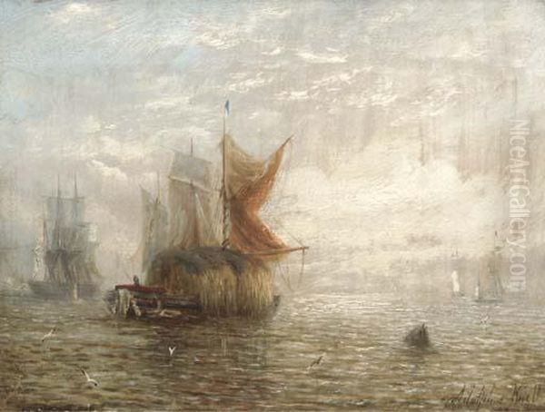 Hay Barges And Other Shipping On The Estuary Oil Painting by Adolphus Knell