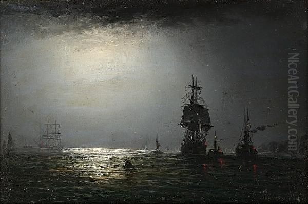 Shipping By Moonlight Oil Painting by Adolphus Knell