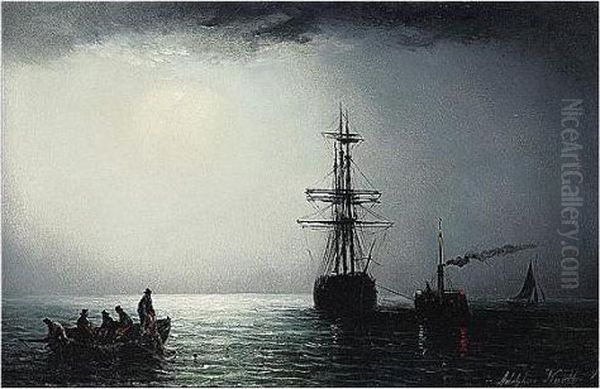 Ships By Moonlight, Signed Oil Painting by Adolphus Knell