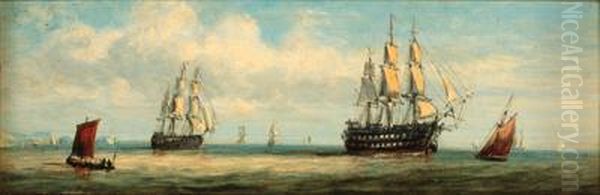 A Squadron Of The Fleet Off The White Cliffs; And Shipping In Acalm Oil Painting by Adolphus Knell