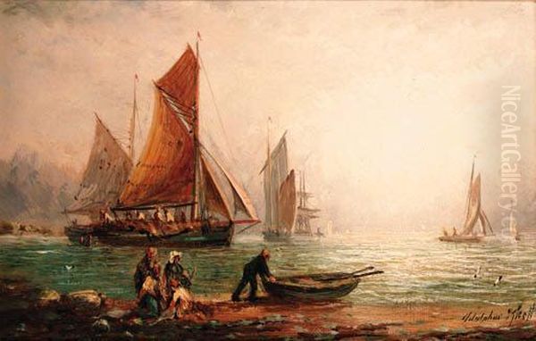 Fishermen Laying Their Nets; And The Returning Fishing Fleet Oil Painting by Adolphus Knell