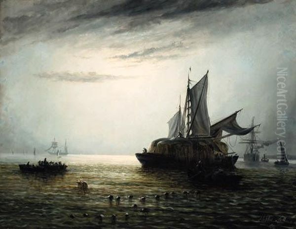 Shipping On A River Estuary By Moonlight Oil Painting by Adolphus Knell