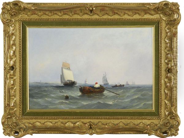 Man Rowing A Dory In A Busy Shipping Channel Oil Painting by William Adolphu Knell