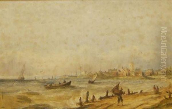 Coastal View - Possibly Great Yarmouth Oil Painting by William Adolphu Knell